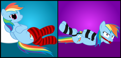 Size: 3500x1678 | Tagged: safe, artist:cardshark777, imported from derpibooru, rainbow dash, pegasus, pony, 2 panel comic, angry, bondage, bound and gagged, bound wings, clothes, comic, dashsub, digital art, female, femsub, furious, gag, glare, gradient background, helpless, hogtied, hooves behind back, hooves behind head, looking at you, lying down, mare, multicolored hair, open mouth, prone, rainbond dash, rainbow dash is not amused, rainbow hair, rainbow tail, red socks, rope, rope bondage, sock gag, socks, solo, submissive, tail, tied up, unamused, upset, wings