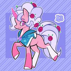 Size: 3000x3000 | Tagged: safe, artist:3ggmilky, imported from derpibooru, oc, oc only, pony, unicorn, brooch, cape, clothes, coat markings, colored hooves, colored horn, crossover fusion, curved horn, diamond pupils, female, flower, flower in tail, fusion, fusion:pink diamond (steven universe), fusion:trixie, grin, hooves, horn, jewelry, lavender background, looking at you, magenta eyes, mare, mismatched hooves, purple background, rose, simple background, smiling, socks (coat markings), solo, standing on two hooves, striped background, tail