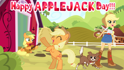 Size: 8000x4504 | Tagged: safe, artist:shieldwingarmorofgod, imported from derpibooru, applejack, winona, dog, earth pony, human, equestria girls, applejack day, cute, female, filly, foal, jackabetes, mare, younger