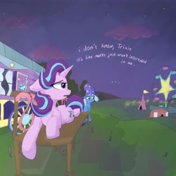 Size: 4096x4096 | Tagged: safe, artist:zzzsleepy, imported from derpibooru, starlight glimmer, trixie, pony, unicorn, bench, blushing, clothes, dialogue, female, ferris wheel, floppy ears, hat, horn, lesbian, lying down, night, oblivious, open mouth, outdoors, shipping, startrix, sweat, trixie's hat, trixie's wagon, wagon