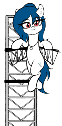 Size: 387x785 | Tagged: safe, artist:seafooddinner, imported from derpibooru, oc, oc only, oc:spacexpone, earth pony, pony, catching, colored, current events, earth pony oc, eyebrows, eyebrows visible through hair, female, female oc, flat colors, holding on, inviting you, jewelry, launch tower, looking at you, mare, mare oc, necklace, ponified, ponytail, simple background, spacex, starship flight test 5, white background