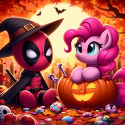 Size: 1024x1024 | Tagged: safe, imported from derpibooru, pinkie pie, earth pony, human, ai content, ai generated, autumn, deadpool, female, halloween, holiday, jack-o-lantern, male, marvel, pumpkin, superhero