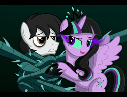 Size: 1713x1318 | Tagged: safe, artist:culu-bluebeaver, imported from derpibooru, oc, oc only, oc:nightwish, oc:twivine sparkle, alicorn, pegasus, pony, alicorn oc, art trade, black vine, bondage, female, horn, imminent kissing, jewelry, male, mare, miasma, pegasus oc, simple background, stallion, stallion oc, tiara, tied up, vine, vine bondage, wings