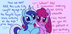 Size: 2189x1056 | Tagged: safe, artist:leopardsnaps, imported from derpibooru, berry punch, berryshine, minuette, earth pony, pony, unicorn, berrygate, dialogue, duo, female, gradient background, holding hooves, horn, lesbian, looking at each other, looking at someone, mare, misspelling, shipping, talking