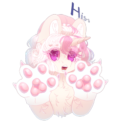 Size: 2500x2500 | Tagged: safe, artist:medkit, imported from derpibooru, oc, oc only, oc:sofia delamare, cat, pony, unicorn, beret, cel shading, chest fluff, claws, clothes, colored ear fluff, colored ears, colored eyebrows, colored eyelashes, colored horn, colored lineart, colored pupils, colored sketch, curls, curly mane, ear cleavage, ear fluff, ears up, english, eye clipping through hair, eyebrows, eyebrows down, eyebrows visible through hair, female, freckles, fringe, gloves, gradient mane, halfbody, hat, heart ears, high res, hissing, hoof fluff, horn, lightly watermarked, long horn, looking at you, mare, open mouth, paint tool sai 2, paws, pink eyes, shading, short mane, signature, simple background, sketch, solo, sternocleidomastoid, text, three quarter view, transparent background, unicorn horn, unicorn oc, wall of tags, watermark, wide eyes