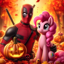 Size: 1024x1024 | Tagged: safe, imported from derpibooru, pinkie pie, human, ai content, ai generated, autumn, deadpool, female, halloween, holiday, jack-o-lantern, male, marvel, prompter:bluey2309, pumpkin, superhero