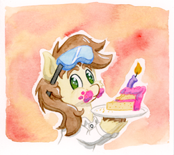 Size: 1086x974 | Tagged: safe, artist:lost marbles, imported from derpibooru, oc, oc only, oc:caspasin42, birthday, cake, calpain, candle, clothes, food, goggles, goggles on head, lab coat, plate, traditional art, unshorn fetlocks, watercolor painting