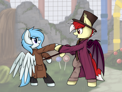 Size: 4000x3000 | Tagged: safe, artist:aaathebap, imported from derpibooru, oc, oc:aaaaaaaaaaa, oc:coral streak, bat pony, pegasus, bipedal, duo, female, hat, mare, spread wings, top hat, willy wonka, willy wonka and the chocolate factory, wings