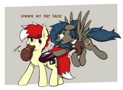 Size: 3750x2750 | Tagged: safe, artist:aaathebap, imported from derpibooru, oc, oc:aaaaaaaaaaa, oc:quick service, bat pony, pegasus, angry, duo, female, floppy ears, flying, hat, mare, spread wings, stealing, wings