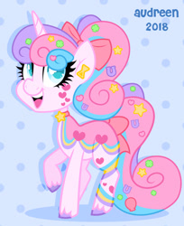 Size: 828x1013 | Tagged: safe, artist:audreen, imported from derpibooru, oc, oc only, pony, unicorn, blue background, horn, simple background, solo