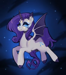 Size: 885x1000 | Tagged: safe, artist:yutailaarts, imported from derpibooru, rarity, bat pony, pony, unicorn, bat ponified, colored eartips, colored hooves, colored horn, concave belly, female, flying, hooves, horn, lidded eyes, mare, ponytober, ponytober 2024, race swap, raribat, smiling, solo, spread wings, wings