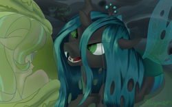 Size: 4000x2500 | Tagged: safe, artist:stalagsmith17, imported from derpibooru, queen chrysalis, starlight glimmer, changeling, changeling queen, pony, unicorn, captured, changeling hive, dialogue, duo, eye clipping through hair, female, horn, mare, signature