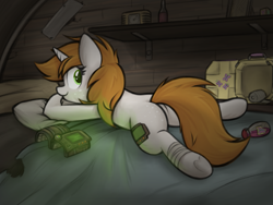 Size: 1333x1000 | Tagged: safe, artist:aaathebap, imported from derpibooru, oc, oc:littlepip, unicorn, fallout equestria, bag, bandage, bed, fallout, horn, looking back, lying down, medical saddlebag, pillow, pipbuck, potion