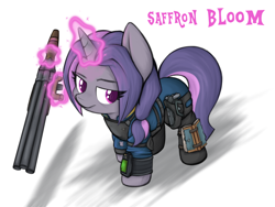 Size: 1320x990 | Tagged: safe, artist:aaathebap, imported from derpibooru, oc, oc:saffron bloom, unicorn, fallout equestria, armor, clothes, fallout, gun, holster, horn, jumpsuit, levitation, looking sideways, magic, pipbuck, shotgun, telekinesis, vault suit, weapon