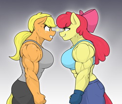 Size: 2205x1880 | Tagged: safe, artist:matchstickman, imported from derpibooru, apple bloom, applejack, earth pony, apple brawn, apple sisters, applejacked, clothes, denim, duo, female, gloves, gradient background, gritted teeth, jeans, muscles, muscular female, older, older apple bloom, pants, siblings, sisters, smiling, smirk, sports bra, staredown, tanktop, teeth