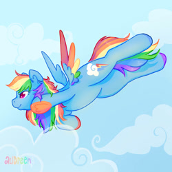 Size: 894x894 | Tagged: safe, artist:audreen, imported from derpibooru, rainbow dash, pegasus, pony, blue background, simple background, solo