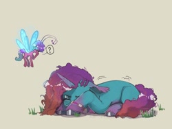 Size: 2048x1536 | Tagged: safe, artist:kaff_i, imported from derpibooru, breezie, pony, unicorn, duo, eyes closed, female, floppy ears, g5, gray background, horn, lying down, mare, misty brightdawn, prone, question mark, rebirth misty, shivering, simple background, speech bubble