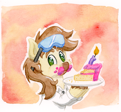 Size: 1057x978 | Tagged: safe, artist:lost marbles, imported from derpibooru, oc, oc only, oc:caspasin42, earth pony, pony, birthday, cake, calpain, candle, clothes, food, goggles, lab coat, traditional art