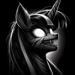 Size: 2128x2128 | Tagged: safe, imported from twibooru, twilight sparkle, pony, unicorn, ai content, ai cover, ai generated, anonymous prompter, black background, bust, generator:bing image creator, generator:dall-e 3, glowing eyes, grayscale, horror, image, monochrome, png, sharp teeth, side view, simple background, solo, teeth, twilight snapple