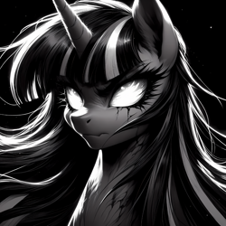 Size: 2128x2128 | Tagged: safe, imported from twibooru, twilight sparkle, pony, unicorn, ai content, ai cover, ai generated, angry, anonymous prompter, black background, bust, front view, generator:bing image creator, generator:dall-e 3, glowing eyes, grayscale, horror, image, monochrome, png, simple background, solo, stars, stern, twilight snapple