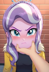 Size: 832x1216 | Tagged: safe, imported from derpibooru, diamond tiara, human, equestria girls, ai content, ai generated, angry, blushing, chin grab, cute, grabbing, looking at you, offscreen character, pov, prompter:nw th