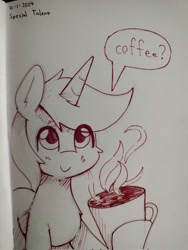 Size: 1538x2048 | Tagged: safe, artist:taurson, imported from derpibooru, oc, oc only, oc:coffee, pony, unicorn, cheek fluff, coffee mug, hoof hold, horn, looking at you, male, monochrome, mug, oc-tober, pen drawing, smiling, smiling at you, solo, stallion, talking to viewer, traditional art