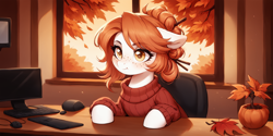 Size: 2400x1200 | Tagged: safe, imported from derpibooru, oc, oc:victoria orlova, pony, ai content, ai generated, autumn, clothes, computer, prompter:greesys, solo, sweater, window