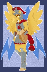 Size: 1650x2550 | Tagged: safe, artist:inkkeystudios, imported from derpibooru, flash magnus, anthro, pegasus, unguligrade anthro, armor, bedroom eyes, greaves, helmet, hooves, male, netitus, shield, solo, spread wings, wings