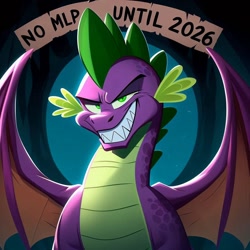 Size: 1024x1024 | Tagged: safe, imported from derpibooru, spike, dragon, 2026, ai content, ai generated, dragon lord spike, evil grin, evil spike, g5, good to evil, grin, opaline's boss, smiling, the real mastermind