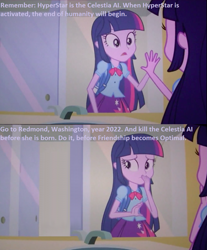 Size: 1002x1208 | Tagged: safe, imported from derpibooru, sci-twi, twilight sparkle, human, pony, fanfic:friendship is optimal, equestria girls, bathroom, crossover, mirror, ponified, terminator, terminator genisys