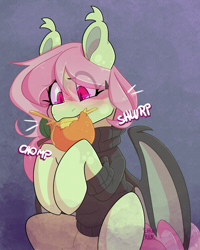 Size: 2000x2500 | Tagged: safe, artist:lionbun, imported from derpibooru, fluttershy, oc, oc:june breeze, bat pony, undead, vampire, biting, clothes, food, fruit, orange, redesign, sweater