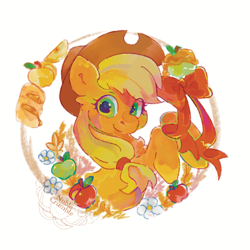 Size: 600x600 | Tagged: safe, artist:noblecrumble, imported from derpibooru, applejack, earth pony, pony, apple, bread, bust, dessert, female, flower, food, fritter, looking at you, mare, portrait, simple background, smiling, smiling at you, solo, white background