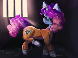 Size: 4000x3000 | Tagged: safe, artist:toxikil, imported from derpibooru, pony, unicorn, clothes, commission, commissioner:rainbowdash69, cuffs, female, g5, horn, horn ring, jewelry, mare, misty brightdawn, never doubt rainbowdash69's involvement, prison outfit, prisoner, raised leg, ring, sad