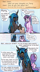 Size: 2166x3860 | Tagged: safe, artist:overlordneon, imported from derpibooru, princess flurry heart, oc, oc:chriki, alicorn, changeling, pony, ask, changeling oc, chest fluff, comic, covering ears, dialogue, duo, duo female, female, high res, hoof hold, mare, offspring, older, older flurry heart, paper, parent:queen chrysalis, speech bubble, talking to viewer, tumblr