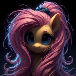 Size: 4096x4096 | Tagged: safe, imported from twibooru, fluttershy, pegasus, pony, absurd resolution, ai content, ai generated, anonymous prompter, black background, bust, dark, generator:bing image creator, generator:dall-e 3, image, png, ponytail, scrunchie, simple background, solo, upscaled