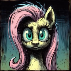 Size: 1024x1024 | Tagged: safe, imported from twibooru, fluttershy, pegasus, pony, ai content, ai generated, anonymous prompter, front view, generator:bing image creator, generator:dall-e 3, image, needs more jpeg, simple background, solo, thousand yard stare