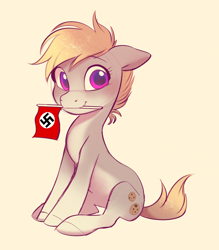 Size: 2140x2438 | Tagged: safe, artist:imalou, edit, editor:strifesnout, imported from twibooru, oc, oc only, oc:cookie malou, earth pony, pony, female, holding a flag, image, looking at you, mare, mouth hold, nazi, nazi flag, png, simple background, sitting, solo