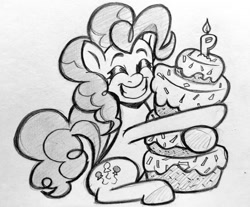 Size: 1024x849 | Tagged: safe, artist:pablosjuarez, imported from derpibooru, pinkie pie, earth pony, pony, cake, eyes closed, female, food, grayscale, grin, hug, mare, monochrome, pencil drawing, sitting, smiling, solo, traditional art