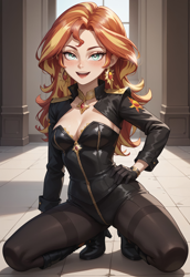 Size: 2560x3712 | Tagged: safe, imported from derpibooru, sunset shimmer, human, ai content, ai generated, bodysuit, boots, breasts, busty sunset shimmer, clothes, ear piercing, earring, female, generator:pony diffusion v6 xl, generator:stable diffusion, genshin impact, jewelry, latex, looking at you, mavuika (genshin impact), open mouth, piercing, prompter:foylertf, shoes, solo, solo female, squatting