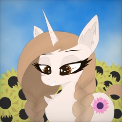 Size: 2048x2048 | Tagged: safe, imported from derpibooru, oc, oc only, fluffy pony, pony, unicorn, braid, brown eyes, brown mane, cutie mark, cyrillic, eyelashes, fluffy, grass, horn, shadow, simple background, sky, slavic, smiling, solo, solo female, solo focus, sunflower