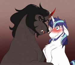 Size: 2048x1768 | Tagged: safe, artist:chub-wub, imported from derpibooru, king sombra, shining armor, unicorn, blushing, fangs, gay, grin, horn, infidelity, male, nervous, nervous grin, shiningsombra, shipping, size difference, smiling, stallion