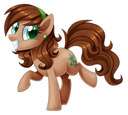 Size: 2219x2000 | Tagged: safe, artist:centchi, imported from derpibooru, oc, oc only, oc:jade verdi, earth pony, pony, ear piercing, female, hairband, looking at you, mare, piercing, raised hoof, raised leg, simple background, smiling, solo, transparent background