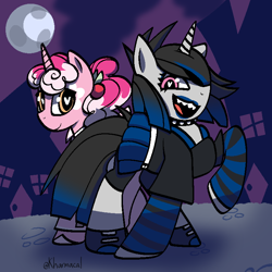 Size: 768x768 | Tagged: safe, artist:kharmacal, imported from derpibooru, oc, oc only, oc:pink melody, oc:strawberry poptart, unicorn, clothes, cosplay, costume, duo, horn, mlp fim's fourteenth anniversary, nightmare night, shading, sharp teeth, teeth, wingding eyes