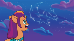 Size: 2470x1397 | Tagged: safe, artist:prixy05, imported from derpibooru, sunny starscout, earth pony, pony, constellation, female, g5, mane stripe sunny, mare, my little pony: tell your tale, open mouth, solo, stargazing, unitober 2024, wingding eyes