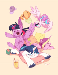 Size: 2800x3615 | Tagged: safe, artist:drtuo4, imported from derpibooru, princess cadance, princess flurry heart, shining armor, spike, twilight sparkle, alicorn, dragon, pony, unicorn, aunt and niece, auntie twilight, baby, baby food, baby pony, babysitting, ball, brother and sister, cute, diaper, eyeshadow, family, feather, female, filly, flying, foal, group, hair pulling, horn, husband and wife, makeup, male, mare, open mouth, ouch, pillow, plushie, quintet, siblings, sleeping, stallion, tired, twilight sparkle (alicorn), uncle and niece, uncle spike