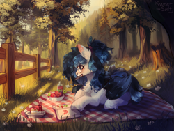 Size: 1269x952 | Tagged: safe, artist:sweettsa1t, imported from derpibooru, oc, oc only, pegasus, pony, book, bowl, cake, cake slice, colored wings, commission, drawing, drink, ear fluff, female, fence, food, forest, glasses, hair tie, herbivore, lying down, mare, multicolored wings, nature, notebook, outdoors, pegasus oc, picnic, picnic blanket, plate, prone, round glasses, solo, strawberry, tree, unshorn fetlocks, wings