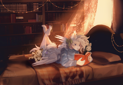 Size: 2303x1600 | Tagged: safe, artist:sweettsa1t, imported from derpibooru, oc, oc only, anthro, pegasus, plantigrade anthro, bed, book, bookshelf, clothes, ear fluff, feet, female, garters, lying down, plushie, prone, reading, socks, solo, stocking feet, stockings, sweater, the pose, thigh highs