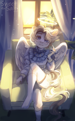 Size: 1505x2448 | Tagged: safe, artist:sweettsa1t, imported from derpibooru, oc, oc only, anthro, pegasus, plantigrade anthro, angel, armchair, chair, clothes, female, halo, shorts, sitting, socks, solo