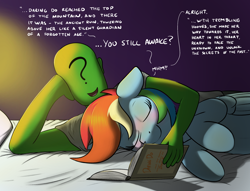 Size: 2146x1641 | Tagged: safe, artist:eels, imported from derpibooru, rainbow dash, oc, oc:anon, human, pegasus, pony, bed, blushing, book, dialogue, eyes closed, lying down, lying on bed, on bed, reading, smiling