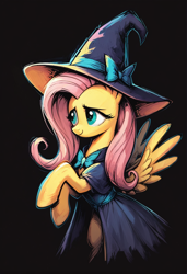 Size: 1080x1576 | Tagged: safe, imported from derpibooru, fluttershy, ai content, ai generated, generator:pony diffusion v6 xl, generator:stable diffusion, hat, solo, witch hat